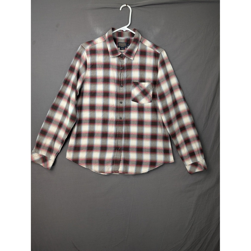 Pendleton‎ Womens Red White Blue Plaid Flannel Button Up Shirt Size L 5703